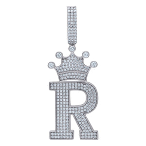 925 Sterling Silver Unisex CZ Initial Alphabet R Crown Charm Pendant