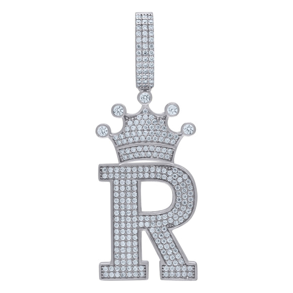 925 Sterling Silver Unisex CZ Initial Alphabet R Crown Charm Pendant