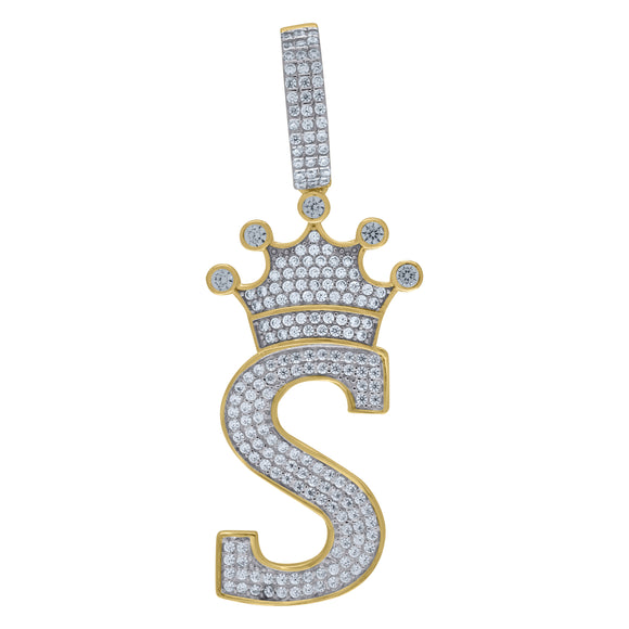 925 Sterling Silver Yellow-tone Unisex CZ Initial Alphabet S Crown Charm Pendant