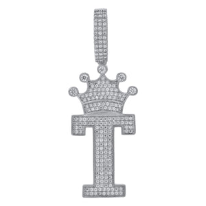 925 Sterling Silver Unisex CZ Initial Alphabet T Crown Charm Pendant