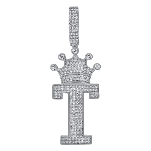 925 Sterling Silver Unisex CZ Initial Alphabet T Crown Charm Pendant