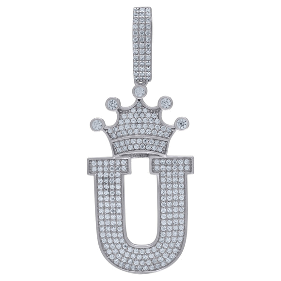 925 Sterling Silver Unisex CZ Initial Alphabet U Crown Charm Pendant