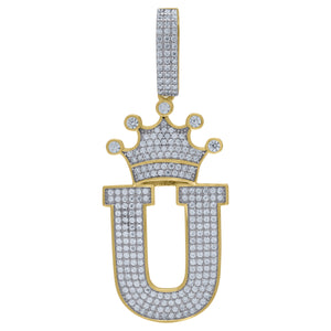 925 Sterling Silver Yellow-tone Unisex CZ Initial Alphabet U Crown Charm Pendant