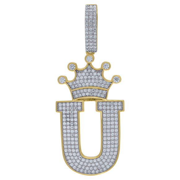 925 Sterling Silver Yellow-tone Unisex CZ Initial Alphabet U Crown Charm Pendant