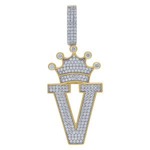 925 Sterling Silver Yellow-tone Unisex CZ Initial Alphabet V Crown Charm Pendant