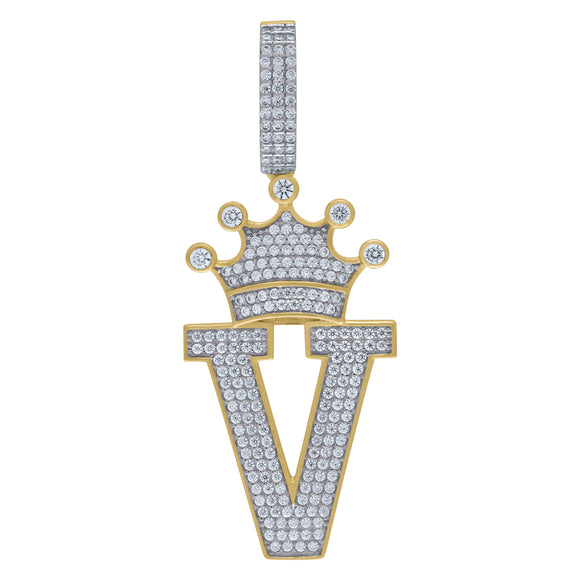 925 Sterling Silver Yellow-tone Unisex CZ Initial Alphabet V Crown Charm Pendant