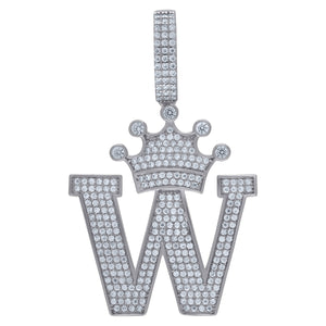 925 Sterling Silver Unisex CZ Initial Alphabet W Crown Charm Pendant