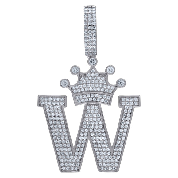 925 Sterling Silver Unisex CZ Initial Alphabet W Crown Charm Pendant