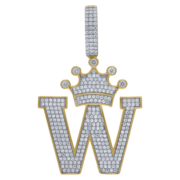 925 Sterling Silver Yellow-tone Unisex CZ Initial Alphabet W Crown Charm Pendant