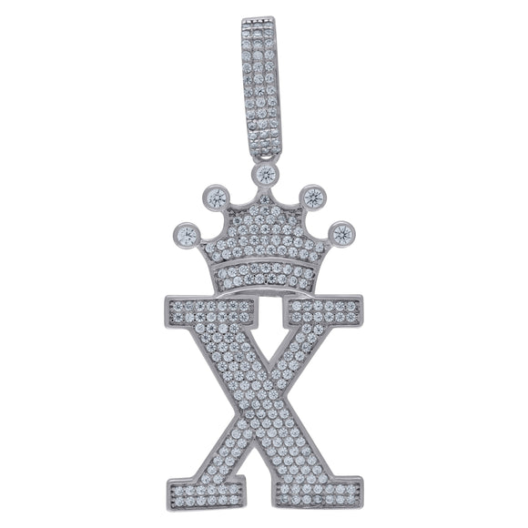925 Sterling Silver Unisex CZ Initial Alphabet X Crown Charm Pendant