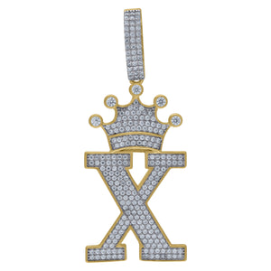 925 Sterling Silver Yellow-tone Unisex CZ Initial Alphabet X Crown Charm Pendant