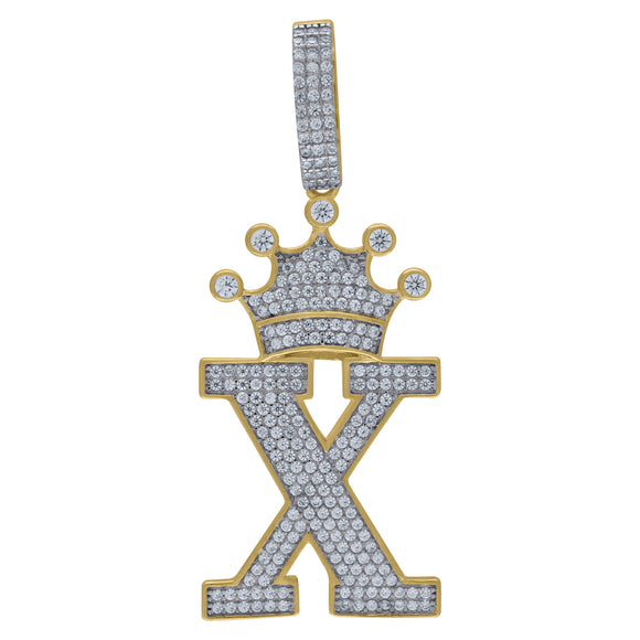 925 Sterling Silver Yellow-tone Unisex CZ Initial Alphabet X Crown Charm Pendant