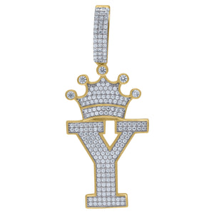 925 Sterling Silver Yellow-tone Unisex CZ Initial Alphabet Y Crown Charm Pendant
