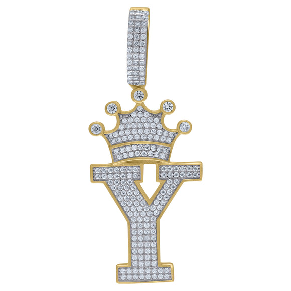 925 Sterling Silver Yellow-tone Unisex CZ Initial Alphabet Y Crown Charm Pendant