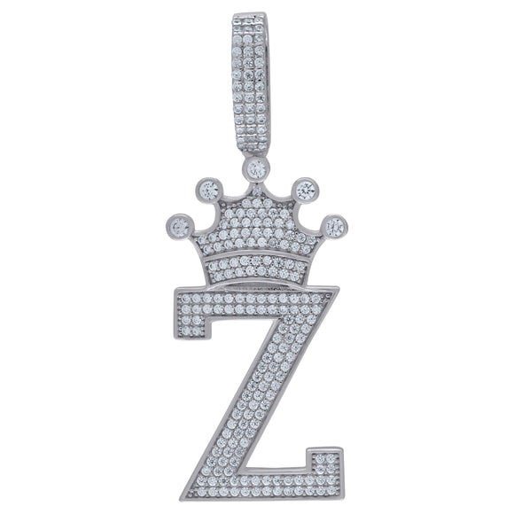 925 Sterling Silver Unisex CZ Initial Alphabet Z Crown Charm Pendant