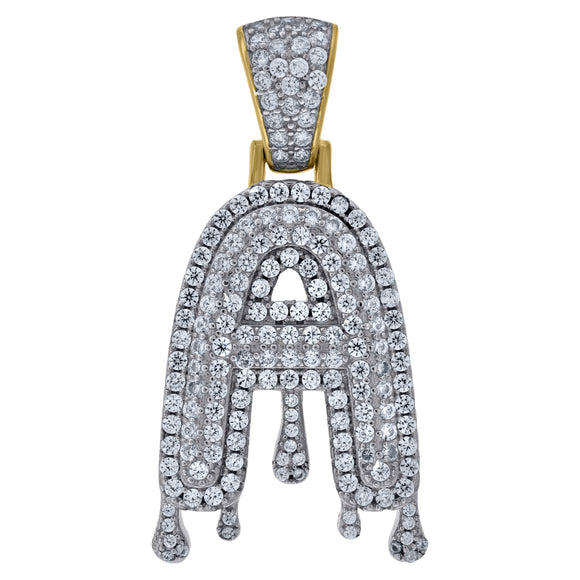 925 Sterling Silver Yellow-tone Unisex CZ Initial Alphabet A Dripping Charm Pendant