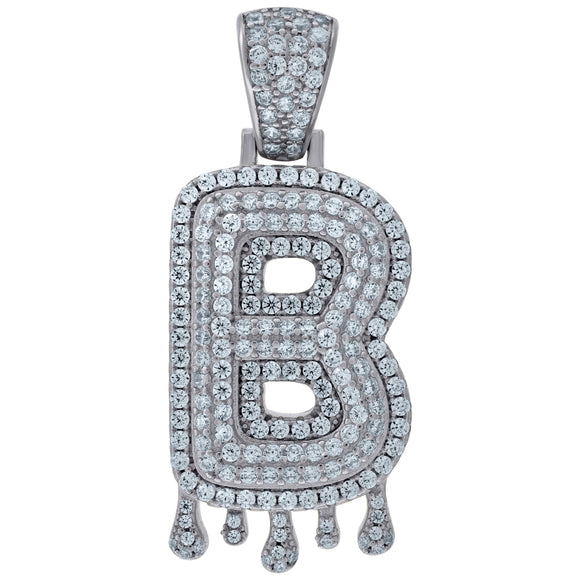925 Sterling Silver Unisex CZ Initial Alphabet B Dripping Charm Pendant