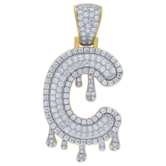 925 Sterling Silver Yellow-tone Unisex CZ Initial Alphabet C Dripping Charm Pendant