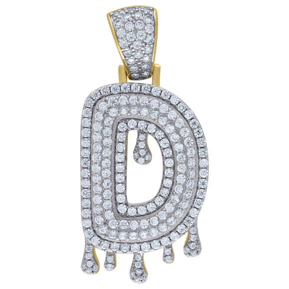 925 Sterling Silver Yellow-tone Unisex CZ Initial Alphabet D Dripping Charm Pendant
