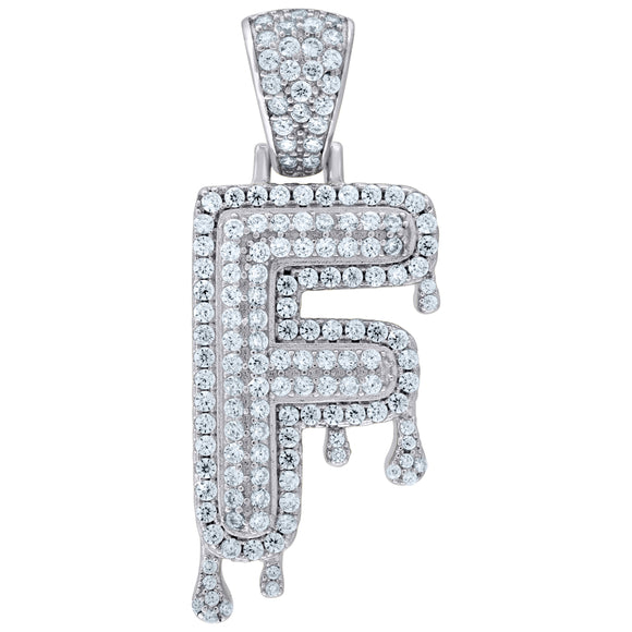 925 Sterling Silver Unisex CZ Initial Alphabet F Dripping Charm Pendant