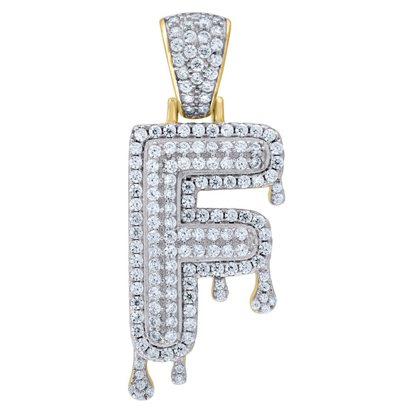 925 Sterling Silver Yellow-tone Unisex CZ Initial Alphabet F Dripping Charm Pendant