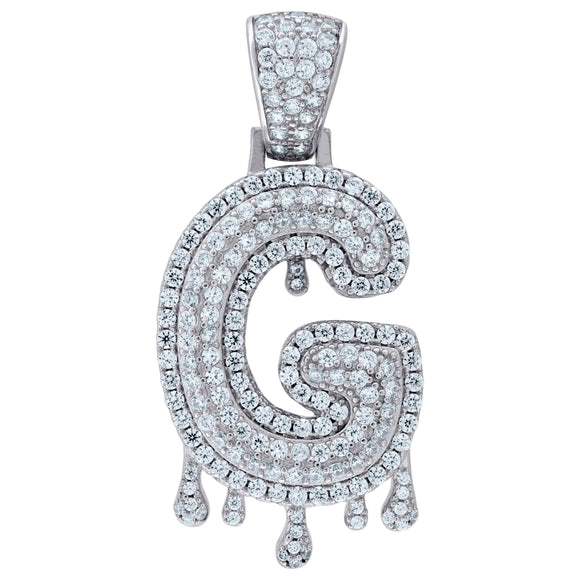 925 Sterling Silver Unisex CZ Initial Alphabet G Dripping Charm Pendant