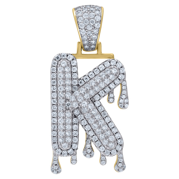 925 Sterling Silver Yellow-tone Unisex CZ Initial Alphabet K Dripping Charm Pendant