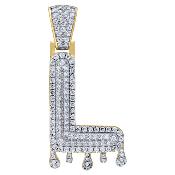 925 Sterling Silver Yellow-tone Unisex CZ Initial Alphabet L Dripping Charm Pendant