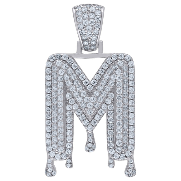 925 Sterling Silver Unisex CZ Initial Alphabet M Dripping Charm Pendant
