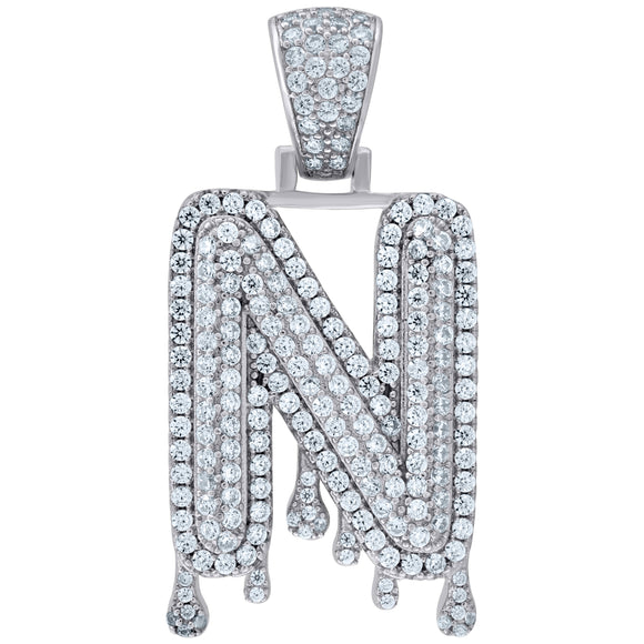 925 Sterling Silver Unisex CZ Initial Alphabet N Dripping Charm Pendant