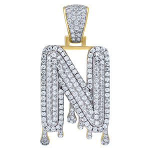 925 Sterling Silver Yellow-tone Unisex CZ Initial Alphabet N Dripping Charm Pendant