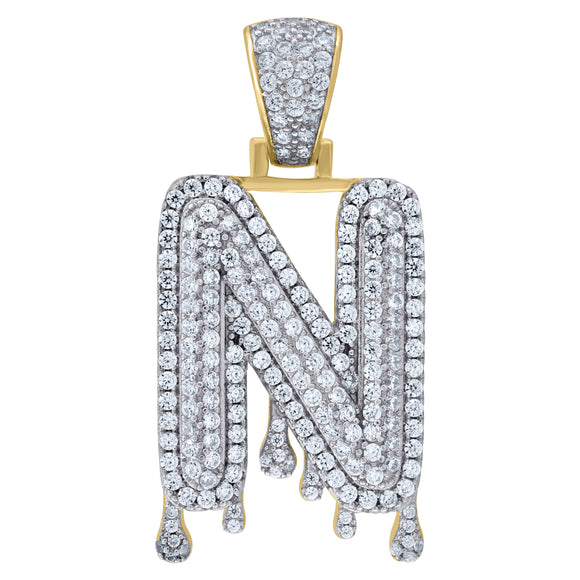 925 Sterling Silver Yellow-tone Unisex CZ Initial Alphabet N Dripping Charm Pendant