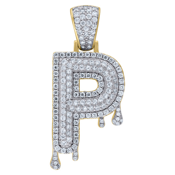 925 Sterling Silver Yellow-tone Unisex CZ Initial Alphabet P Dripping Charm Pendant