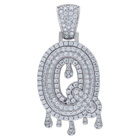 925 Sterling Silver Unisex CZ Initial Alphabet Q Dripping Charm Pendant