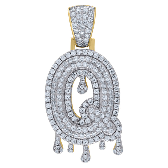 925 Sterling Silver Yellow-tone Unisex CZ Initial Alphabet Q Dripping Charm Pendant