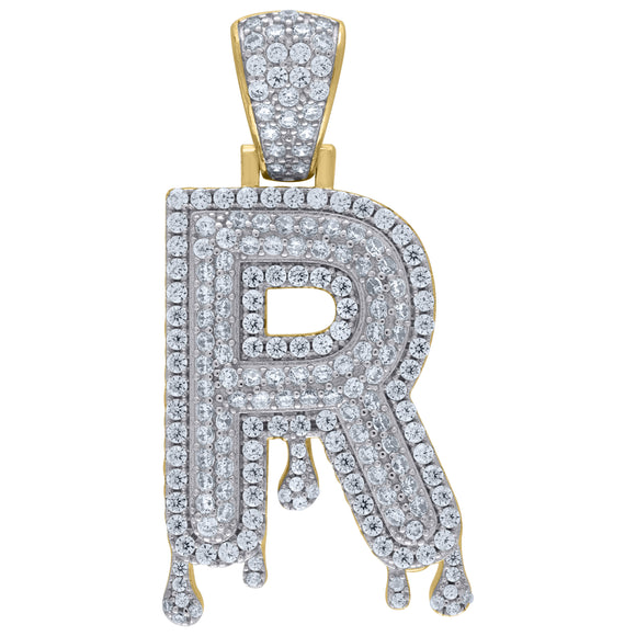 925 Sterling Silver Yellow-tone Unisex CZ Initial Alphabet R Dripping Charm Pendant