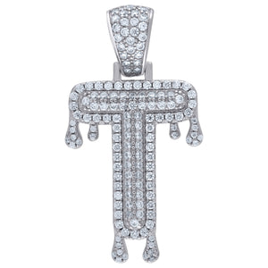 925 Sterling Silver Unisex CZ Initial Alphabet T Dripping Charm Pendant