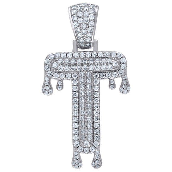 925 Sterling Silver Unisex CZ Initial Alphabet T Dripping Charm Pendant