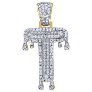 925 Sterling Silver Yellow-tone Unisex CZ Initial Alphabet T Dripping Charm Pendant