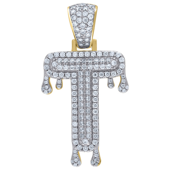 925 Sterling Silver Yellow-tone Unisex CZ Initial Alphabet T Dripping Charm Pendant