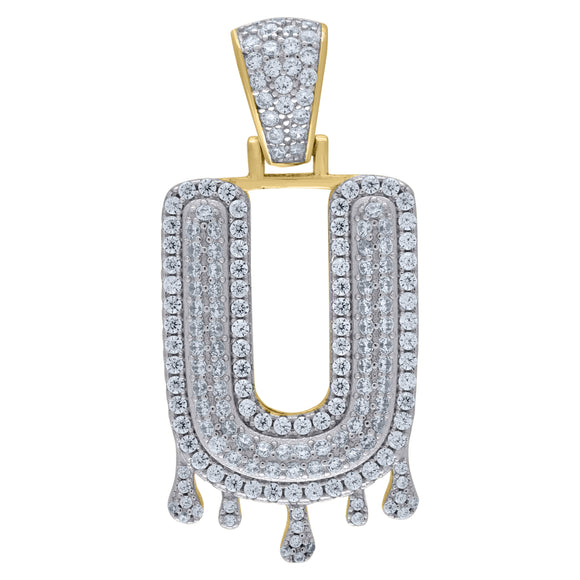 925 Sterling Silver Yellow-tone Unisex CZ Initial Alphabet U Dripping Charm Pendant
