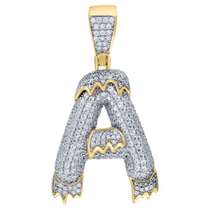 925 Sterling Silver Yellow-tone Unisex CZ Initial Alphabet A Dripping Charm Pendant