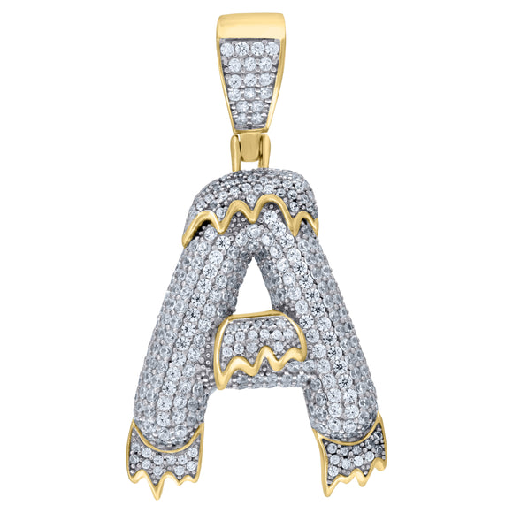925 Sterling Silver Yellow-tone Unisex CZ Initial Alphabet A Dripping Charm Pendant