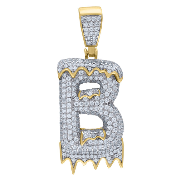 925 Sterling Silver Yellow-tone Unisex CZ Initial Alphabet B Dripping Charm Pendant