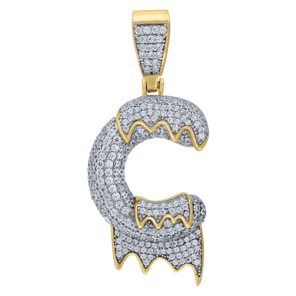 925 Sterling Silver Yellow-tone Unisex CZ Initial Alphabet C Dripping Charm Pendant