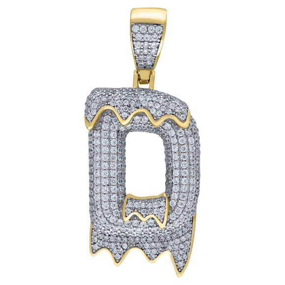 925 Sterling Silver Yellow-tone Unisex CZ Initial Alphabet D Dripping Charm Pendant