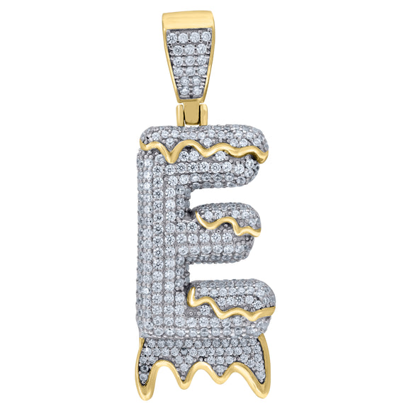 925 Sterling Silver Yellow-tone Unisex CZ Initial Alphabet E Dripping Charm Pendant
