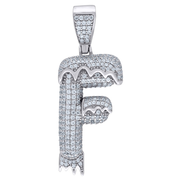 925 Sterling Silver Unisex CZ Initial Alphabet F Dripping Charm Pendant