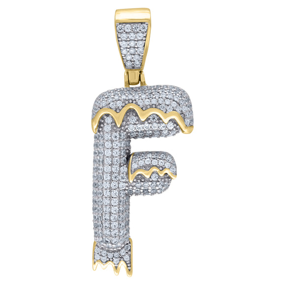 925 Sterling Silver Yellow-tone Unisex CZ Initial Alphabet F Dripping Charm Pendant