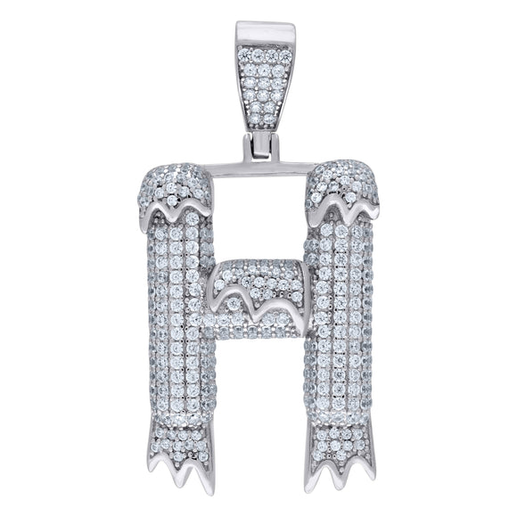 925 Sterling Silver Unisex CZ Initial Alphabet H Dripping Charm Pendant